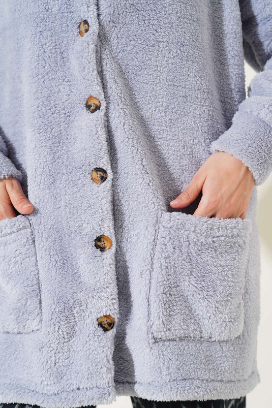 Cardigan Peluche Boutonné Gris