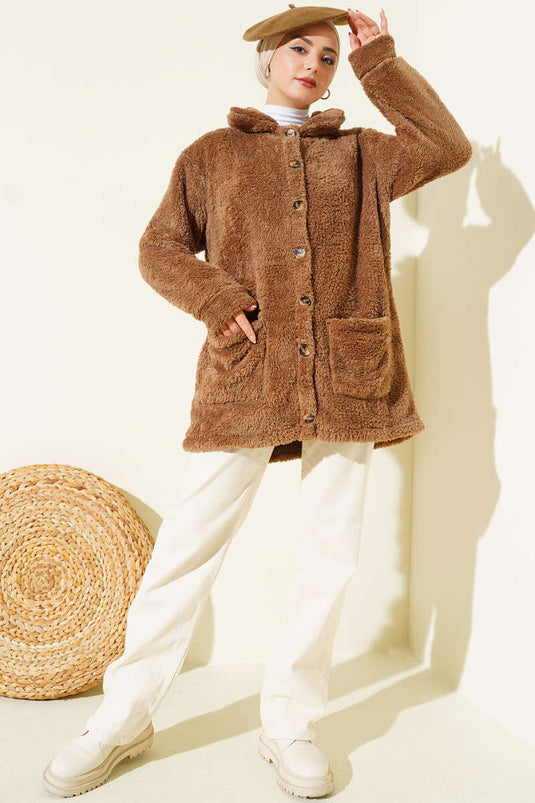 Gilet en peluche boutonné, couleur vison