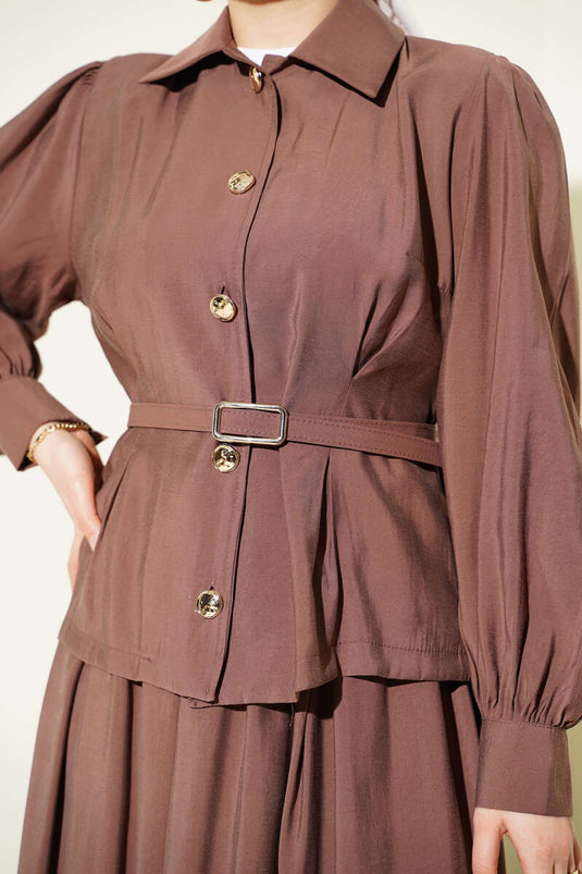 Set met rok van modaal met knoop- en plooiendetail, bruin