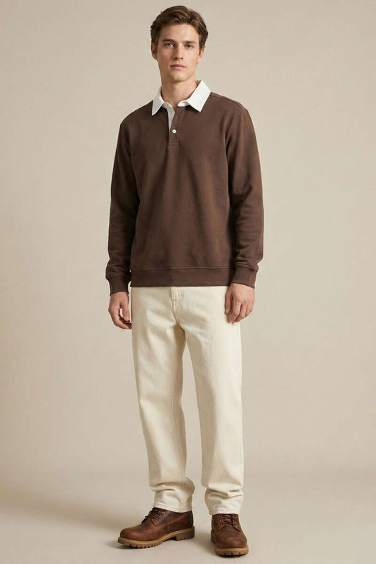 Sweatshirt voor heren met polokraag en knopen, koffiebruin