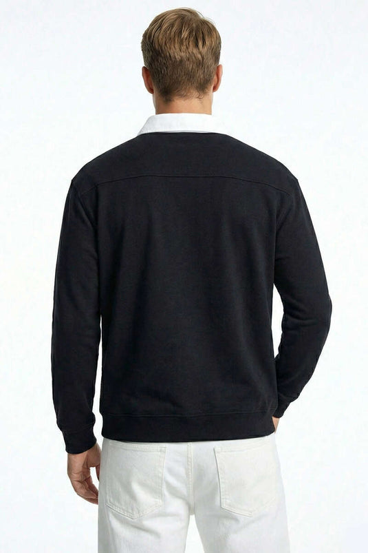 Sudadera para hombre con cuello polo y botones negra
