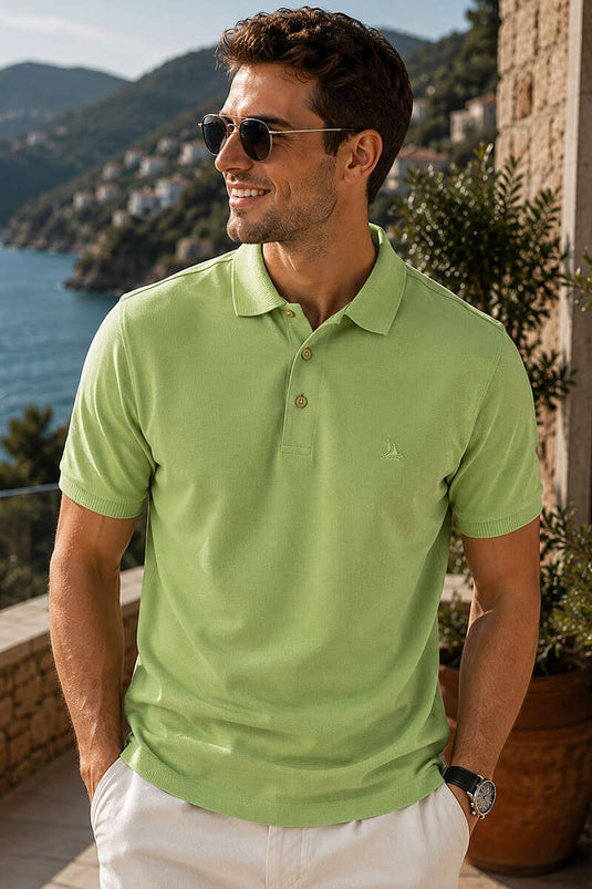 Düğmeli Polo Yaka Erkek T-shirt Elma Yeşili