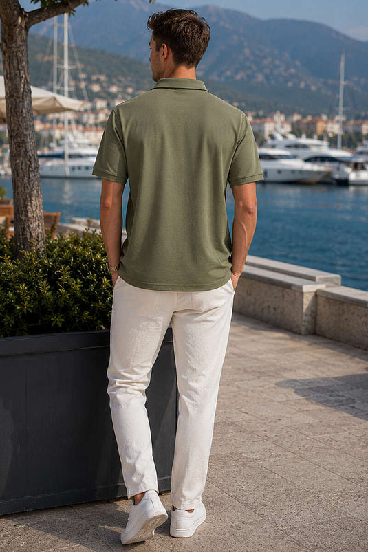 Düğmeli Polo Yaka Erkek T-shirt Haki