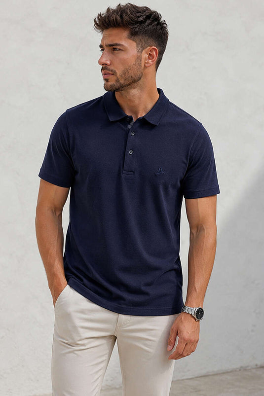 T-shirt homme à col polo boutonné bleu marine
