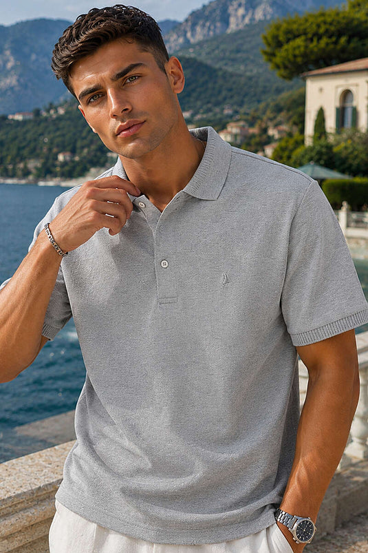 Düğmeli Polo Yaka Erkek T-shirt Melanj Gri