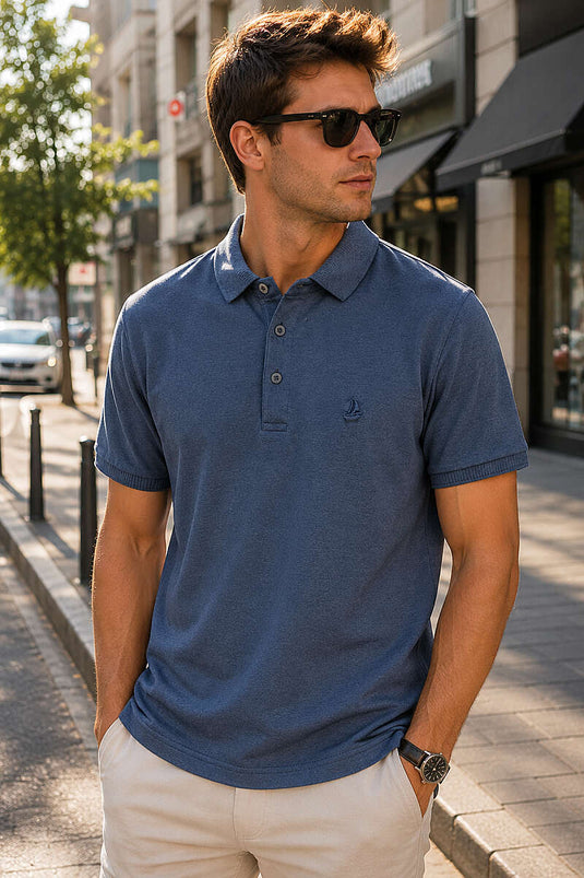 Düğmeli Polo Yaka Erkek T-shirt Melanj Lacivert