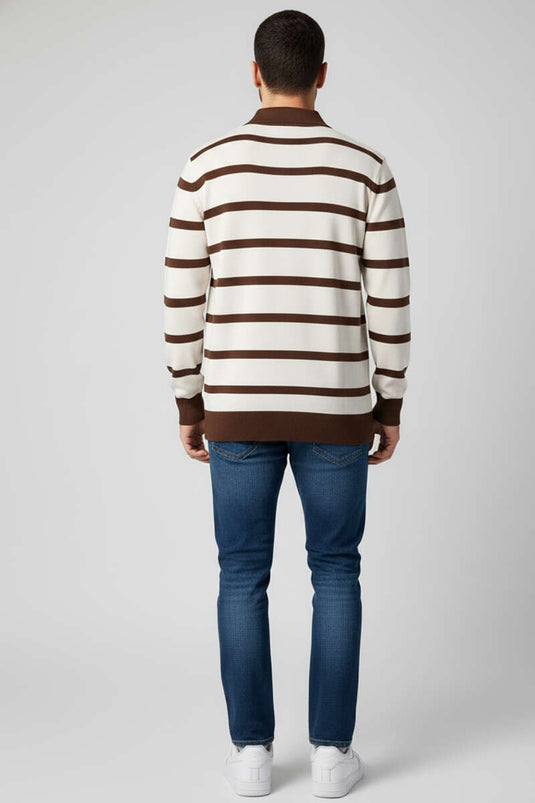 Buttoned Polo Collar Colorful Knit Sweater Beige