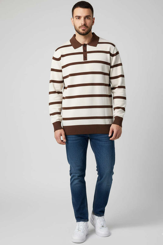 Buttoned Polo Collar Colorful Knit Sweater Beige