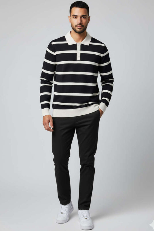 Buttoned Polo Collar Colorful Knit Sweater Black