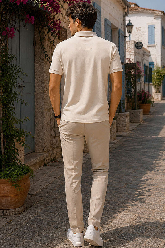 Düğmeli Polo Yaka Waffle Erkek T-shirt Bej