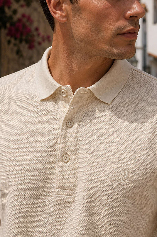 Düğmeli Polo Yaka Waffle Erkek T-shirt Bej