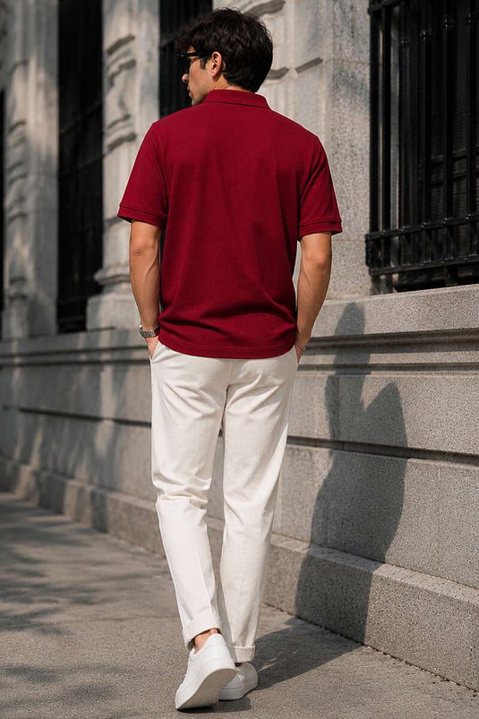 Düğmeli Polo Yaka Waffle Erkek T-shirt Bordo