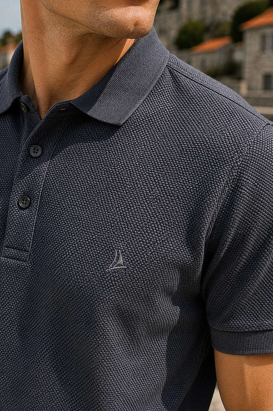 Düğmeli Polo Yaka Waffle Erkek T-shirt Füme