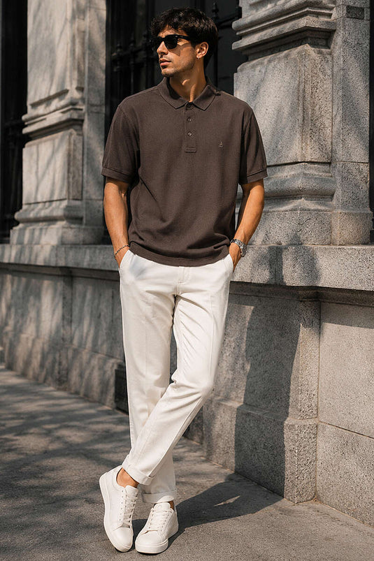Düğmeli Polo Yaka Waffle Erkek T-shirt Kahve