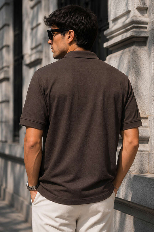 Düğmeli Polo Yaka Waffle Erkek T-shirt Kahve