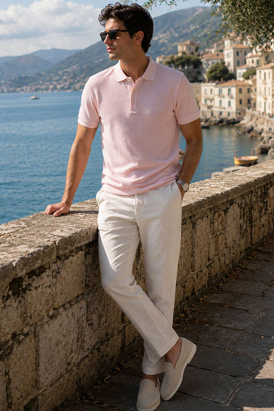 Düğmeli Polo Yaka Waffle Erkek T-shirt Pembe