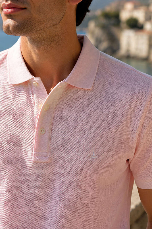Düğmeli Polo Yaka Waffle Erkek T-shirt Pembe