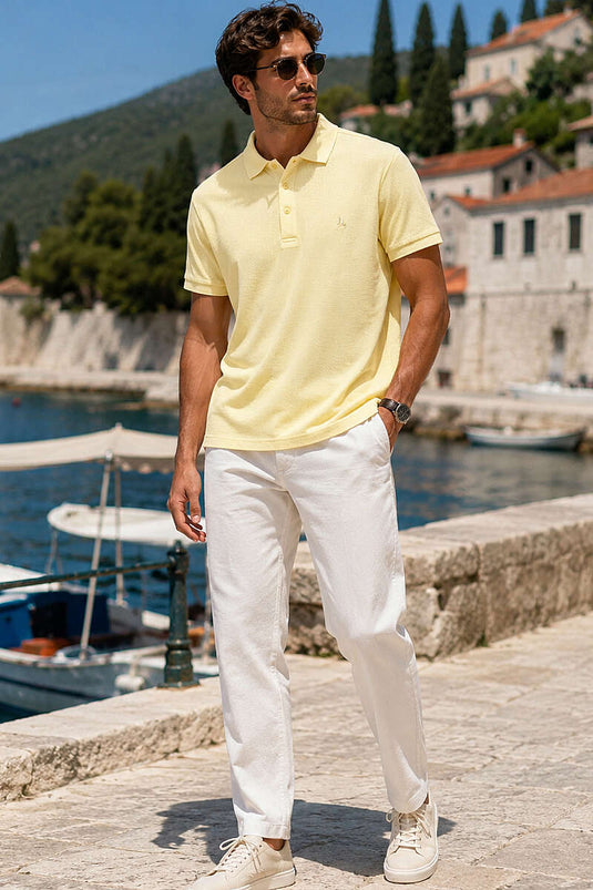 Düğmeli Polo Yaka Waffle Erkek T-shirt Sarı