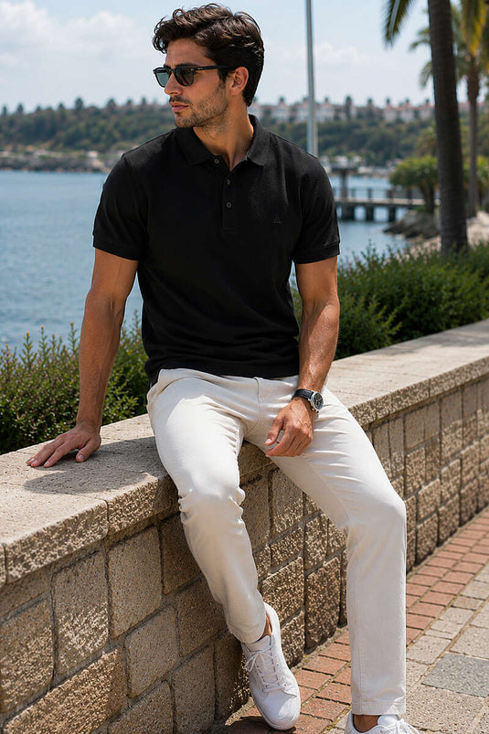 Düğmeli Polo Yaka Waffle Erkek T-shirt Siyah