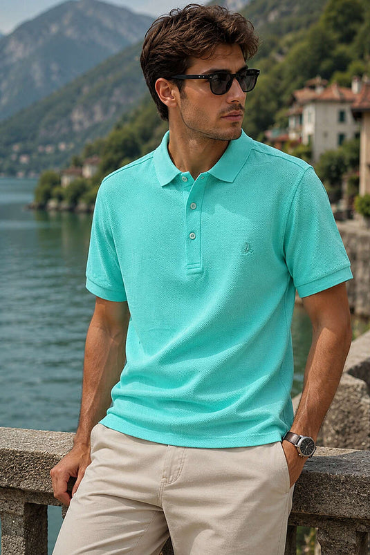 Düğmeli Polo Yaka Waffle Erkek T-shirt Su Yeşili