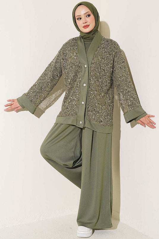 Khaki-Set Mit Knöpfen Und Pailletten
