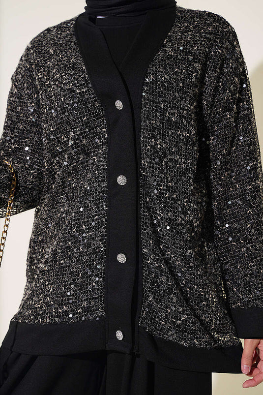 Schwarzes Drei-Teiliger Set Mit Knöpfen Und Pailletten
