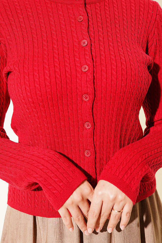 Chaqueta De Punto Roja Con Botones Y Trenza Para El Cabello
