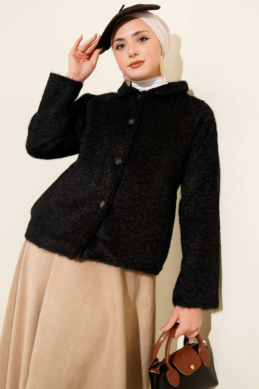 Buttoned Bearded Short Jacket Black