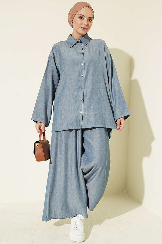 Completo Due Pezzi Lungo Blu Indigo Bottoni