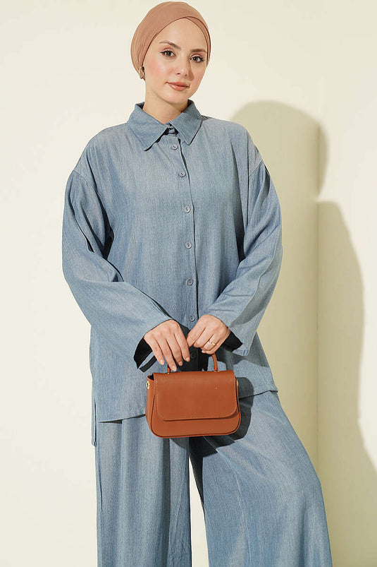 Completo Due Pezzi Lungo Blu Indigo Bottoni