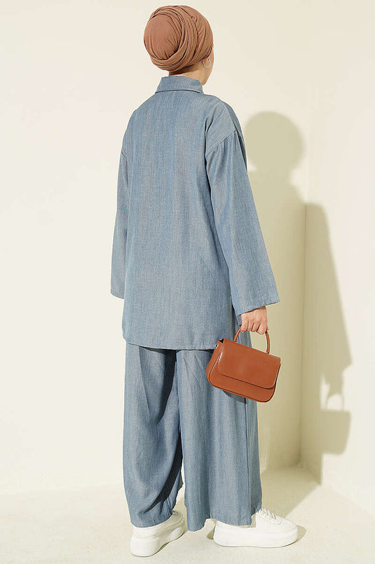 Completo Due Pezzi Lungo Blu Indigo Bottoni