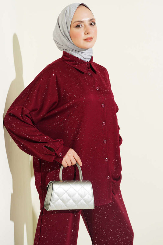 Buttoned Glitter Loyşa Two-Piece Set Burgundy