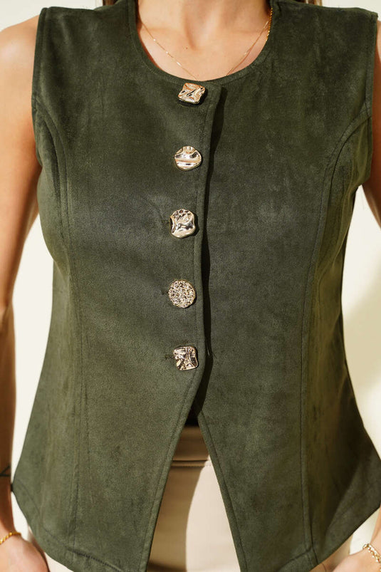 Düğmeli Süet Yelek Haki