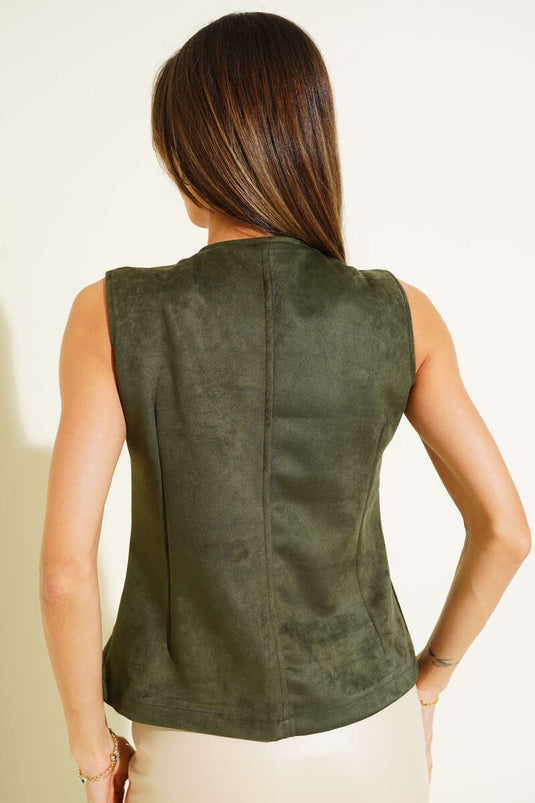 Düğmeli Süet Yelek Haki