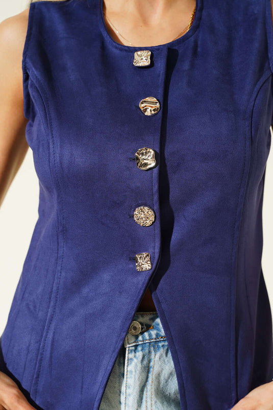 Düğmeli Süet Yelek Lacivert