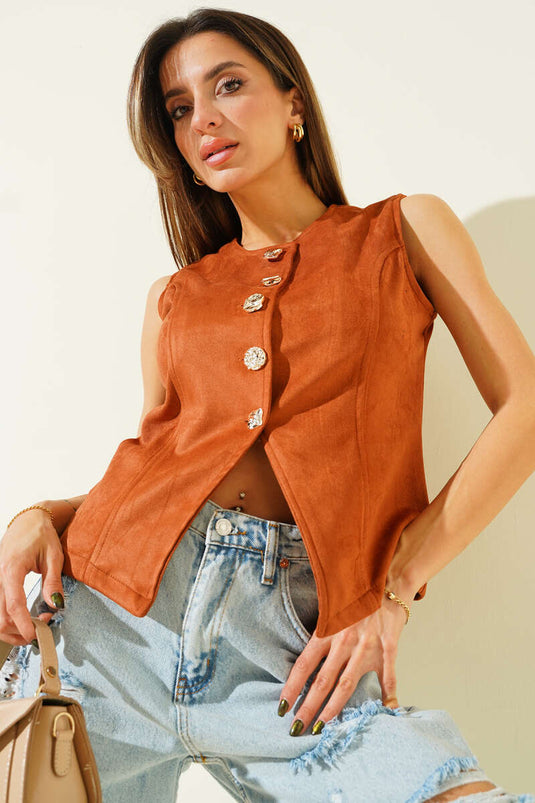 Gilet en daim boutonné, beige