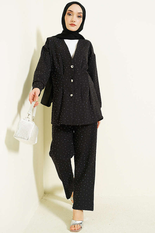 Black Two-Piece Set with Button and Stone Embellishments