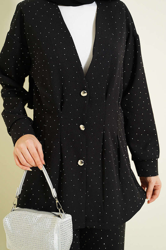 Black Two-Piece Set with Button and Stone Embellishments