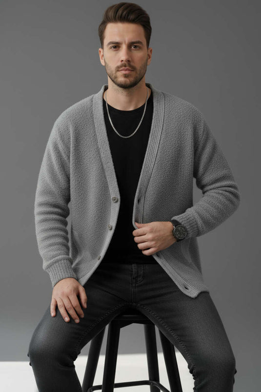 كارديجان رجالي محبوك بأزرار، رمادي