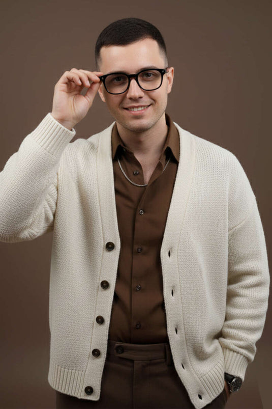 Buttoned Knitted Men's Cardigan, Cream