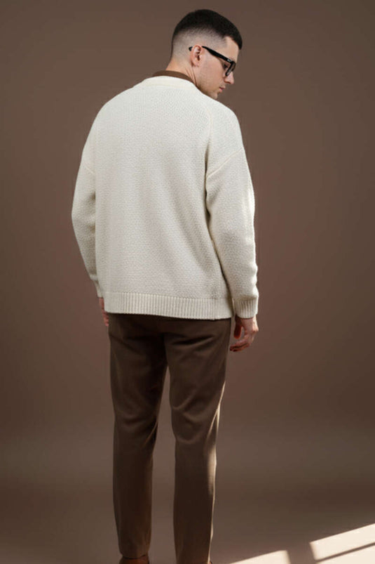 Buttoned Knitted Men's Cardigan, Cream