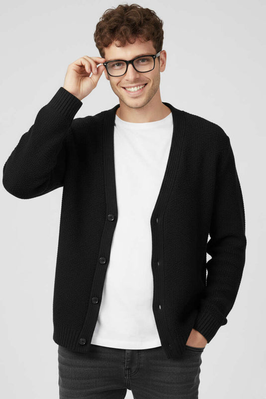 كارديجان رجالي محبوك بأزرار، أسود