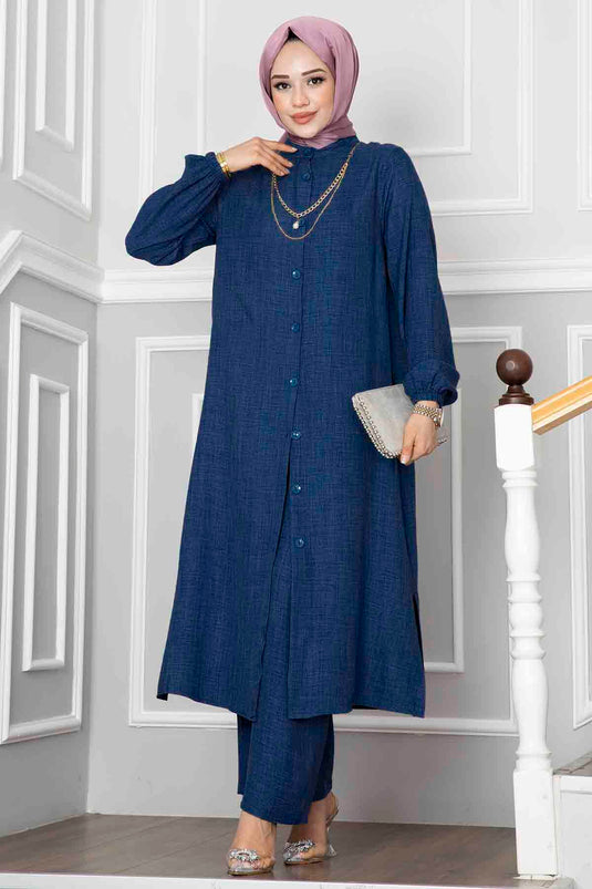 Buttoned Tunic Two-Piece Modest Set Indigo