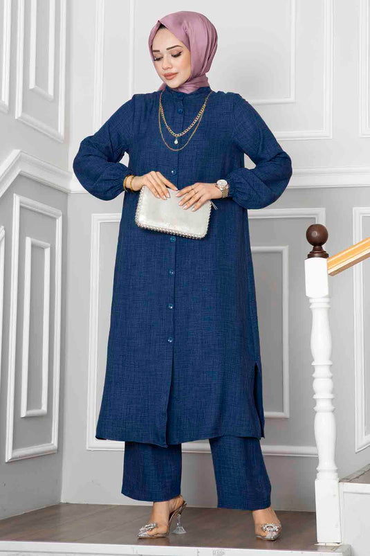 Buttoned Tunic Two-Piece Modest Set Indigo