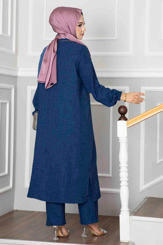 Buttoned Tunic Two-Piece Modest Set Indigo