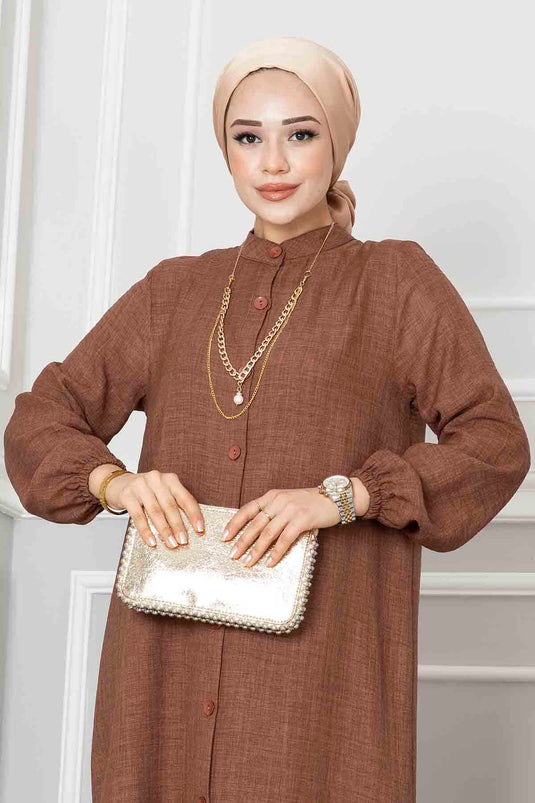 Düğmeli Tunik İkili Tesettür Takım Kahve