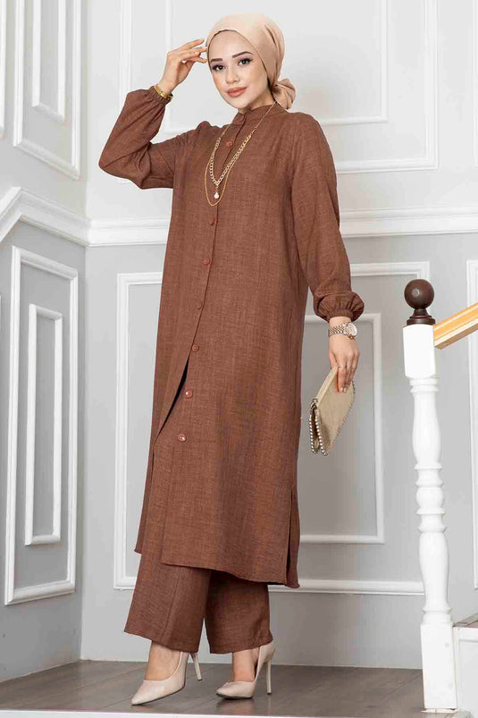 Düğmeli Tunik İkili Tesettür Takım Kahve