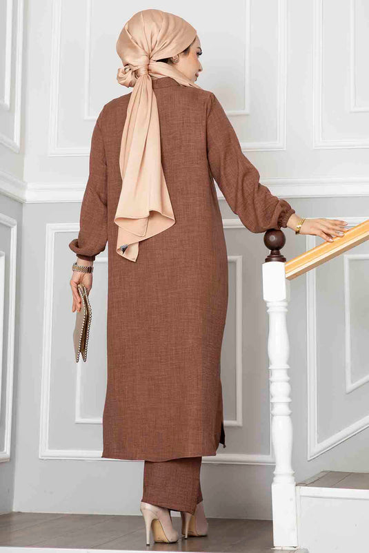 Düğmeli Tunik İkili Tesettür Takım Kahve