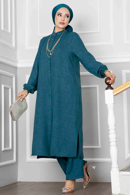 Düğmeli Tunik İkili Tesettür Takım Petrol