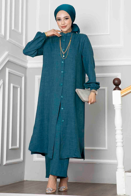 Düğmeli Tunik İkili Tesettür Takım Petrol